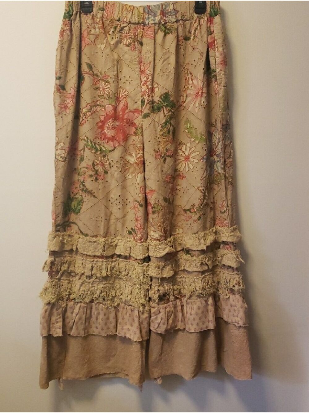 A Rare Bird NWT 100% Cotton Women's Wide Leg Boho Ruffle Pants - Beige Floral - Picture 8 of 13